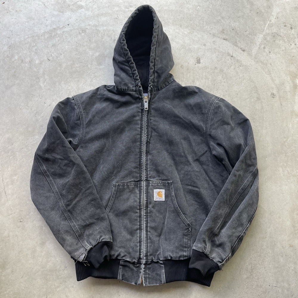 VTG Distressed Carhartt Canvas Quilt Hooded Work Jacket USA Men's L/XL BLK
